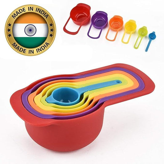 Plastic Cooking Baking Measuring Cups and Spoons Kitchen Tools, Bakeware Rainbow Colours (6-Piece Set)